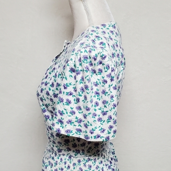 VINTAGE 80s Jordan Michaels Calico Ditsy Floral Short Sleeve Stretchy Midi Dress - Picture 10 of 15